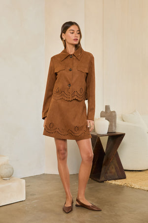 SKIES ARE BLUE Women's Jackets Faux Suede Eyelet Cutout Button Jacket