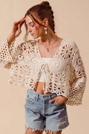 SO ME Women's Cardigans Floral Pattern Crochet Knit Tie Front Crop Cardigan