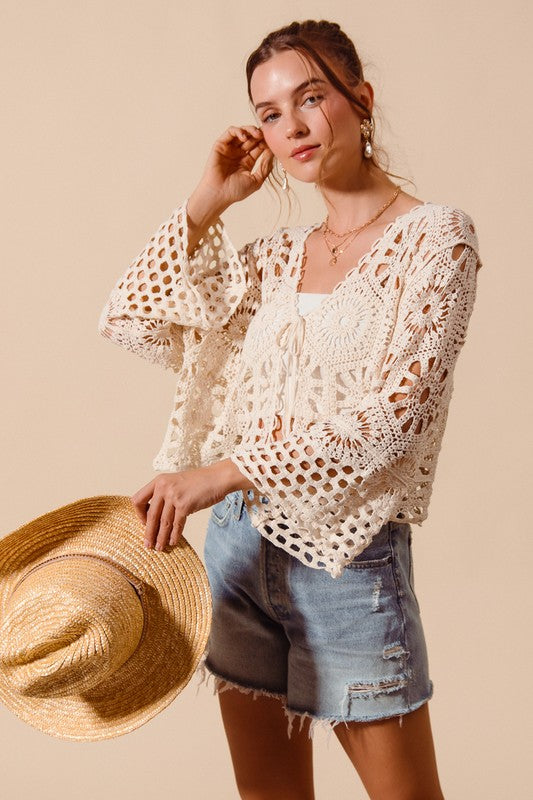 SO ME Women's Cardigans Floral Pattern Crochet Knit Tie Front Crop Cardigan