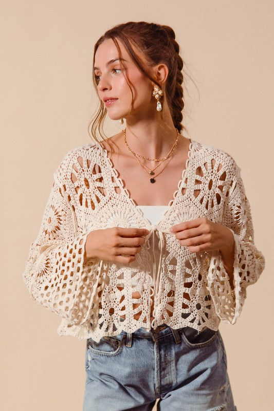 SO ME Women's Cardigans Floral Pattern Crochet Knit Tie Front Crop Cardigan