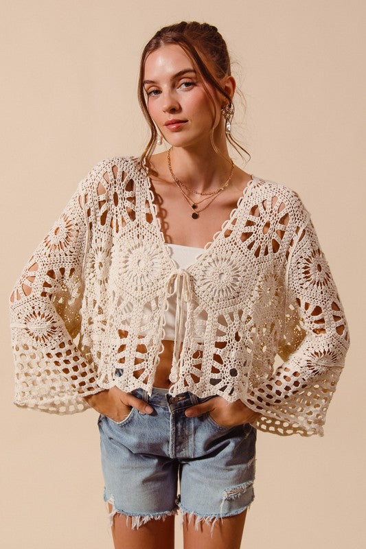 SO ME Women's Cardigans Floral Pattern Crochet Knit Tie Front Crop Cardigan