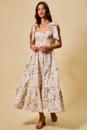 SO ME Women's Dresses Floral Cotton Ruched Bodice Tie Lined Midi Dress