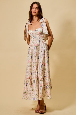 SO ME Women's Dresses Floral Cotton Ruched Bodice Tie Lined Midi Dress