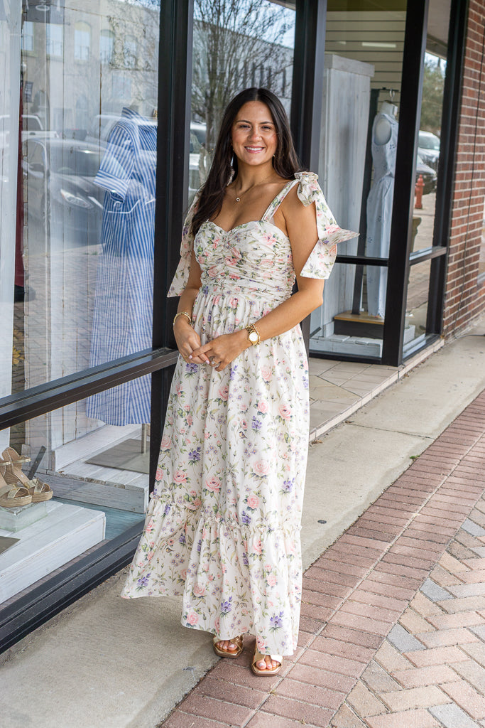 SO ME Women's Dresses Floral Cotton Ruched Bodice Tie Lined Midi Dress