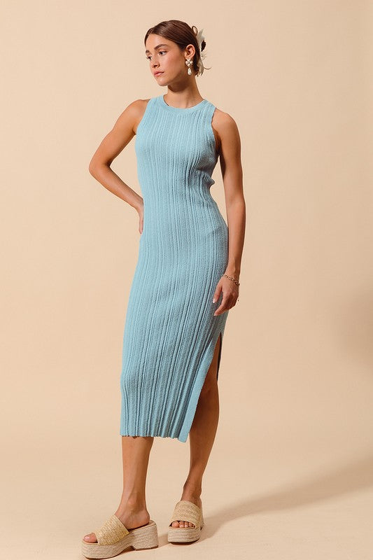 Variegated Stretchy Rib Fitted Summer Midi Dress - LT BLUE / XL Variegated Stretchy Rib Fitted Summer Midi Dress - LT BLUE / XL