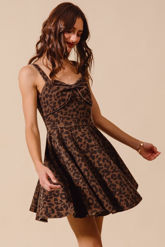 Mineral Washed Bow Ribbon Detail Flare Dress - MOCHA LEOPARD / L Mineral Washed Bow Ribbon Detail Flare Dress - MOCHA LEOPARD / L