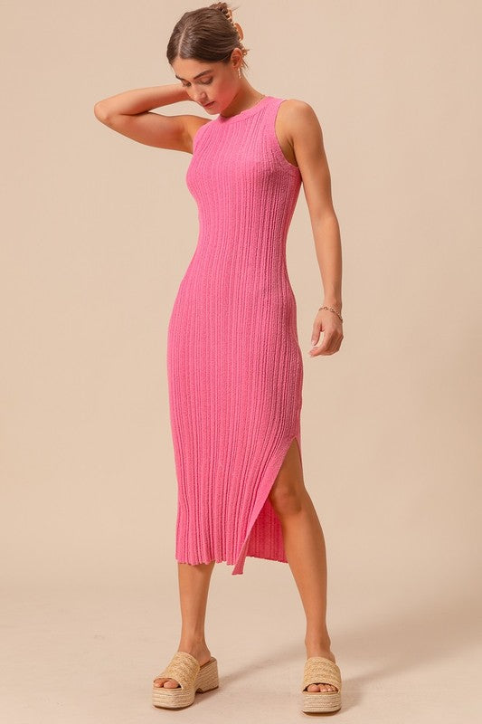 Variegated Stretchy Rib Fitted Summer Midi Dress - Pink / M Variegated Stretchy Rib Fitted Summer Midi Dress - Pink / M