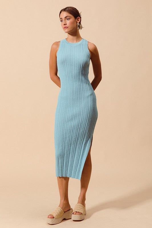 Variegated Stretchy Rib Fitted Summer Midi Dress - Pink / M Variegated Stretchy Rib Fitted Summer Midi Dress - Pink / M