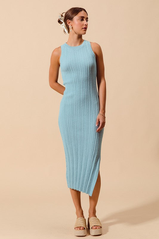 Variegated Stretchy Rib Fitted Summer Midi Dress - LT BLUE / XL Variegated Stretchy Rib Fitted Summer Midi Dress - LT BLUE / XL