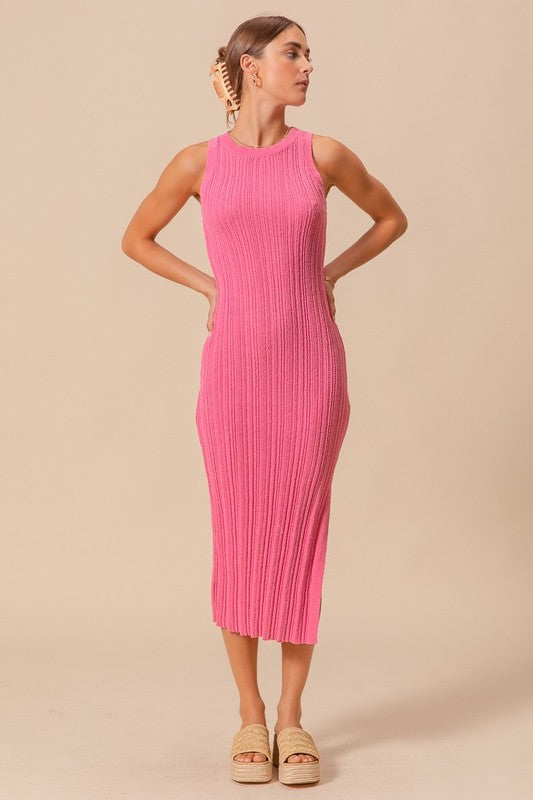 Variegated Stretchy Rib Fitted Summer Midi Dress - PINK / M Variegated Stretchy Rib Fitted Summer Midi Dress - PINK / M