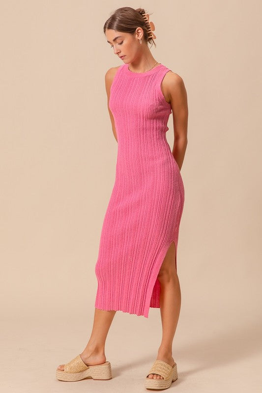 Variegated Stretchy Rib Fitted Summer Midi Dress - Pink / M Variegated Stretchy Rib Fitted Summer Midi Dress - Pink / M
