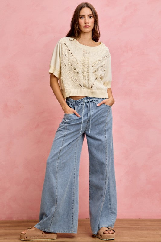 SO ME Women's Jeans Denim Seamed Elastic Waist Wide Leg Jeans Pants