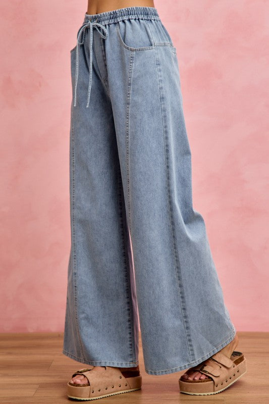 SO ME Women's Jeans Denim Seamed Elastic Waist Wide Leg Jeans Pants