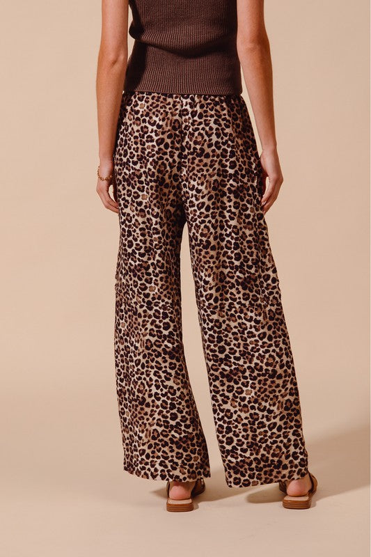 SO ME Women's Pants Leopard Print Wide Leg Pants With Big Patch Pocket
