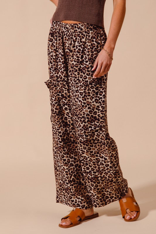 SO ME Women's Pants Leopard Print Wide Leg Pants With Big Patch Pocket