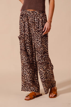 SO ME Women's Pants Leopard Print Wide Leg Pants With Big Patch Pocket