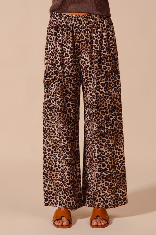 SO ME Women's Pants Leopard Print Wide Leg Pants With Big Patch Pocket