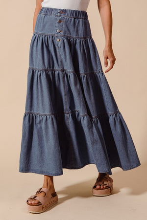 SO ME Women's Skirts Shirred Denim Block Flowy Maxi Skirt