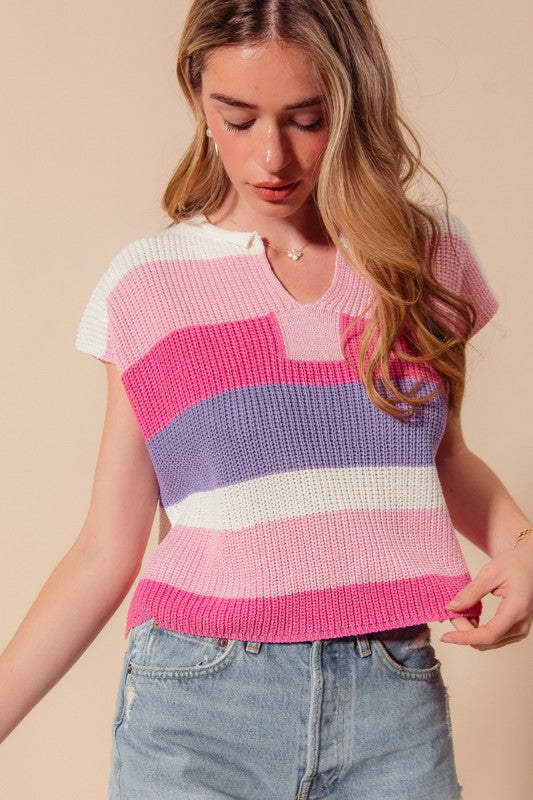 SO ME Women's Sweaters Multi Color Stripe Loose Fit Sleeveless Sweater Top