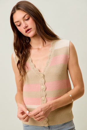 SO ME Women's Sweaters Multi Color Stripe Sweater Vest With Scallop Edge