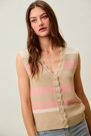 SO ME Women's Sweaters Multi Color Stripe Sweater Vest With Scallop Edge