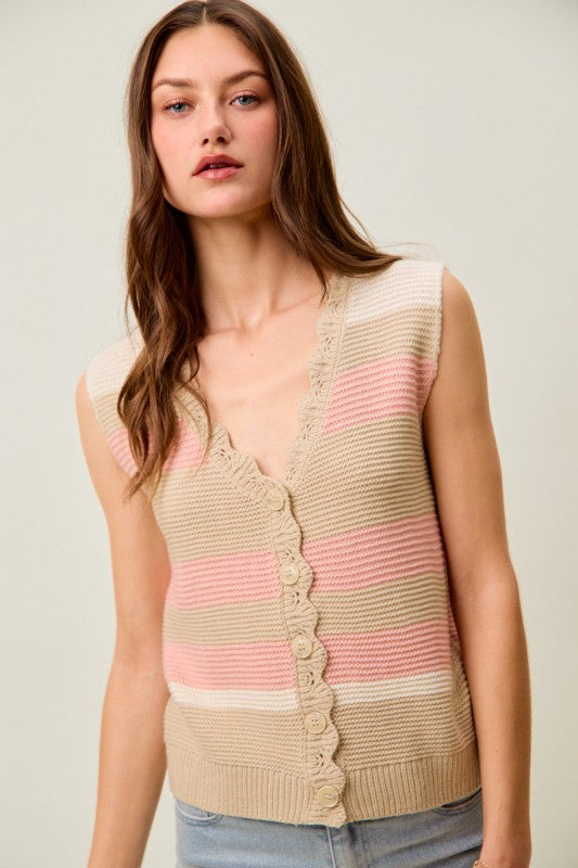 SO ME Women's Sweaters Multi Color Stripe Sweater Vest With Scallop Edge