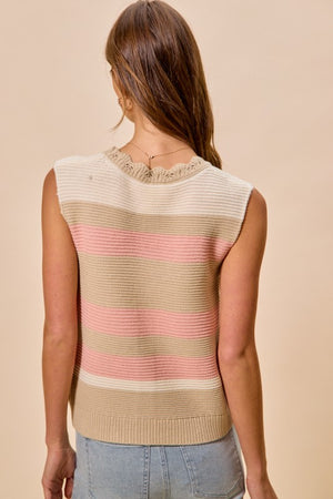 SO ME Women's Sweaters Multi Color Stripe Sweater Vest With Scallop Edge