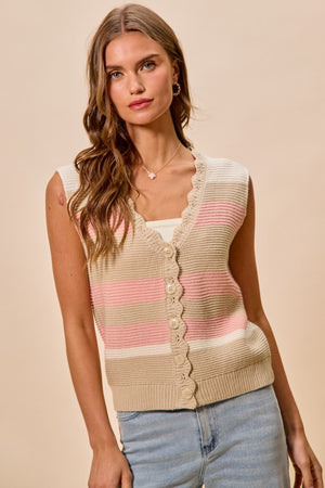 SO ME Women's Sweaters Multi Color Stripe Sweater Vest With Scallop Edge