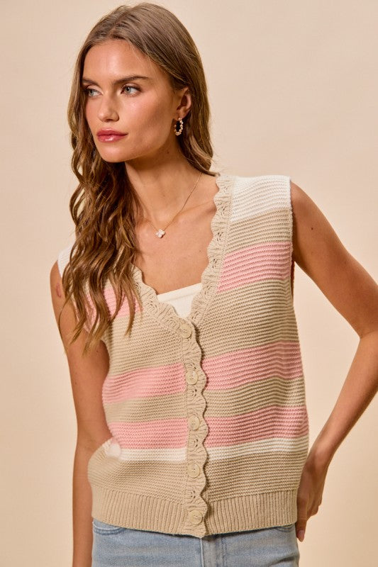 SO ME Women's Sweaters Multi Color Stripe Sweater Vest With Scallop Edge