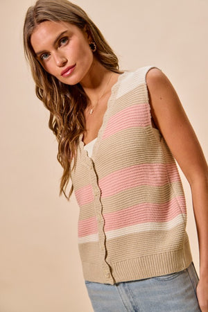 SO ME Women's Sweaters Multi Color Stripe Sweater Vest With Scallop Edge