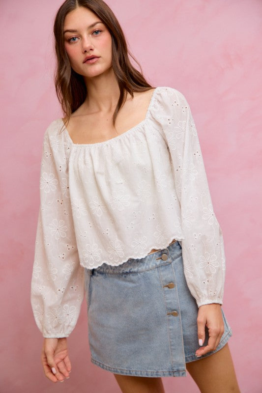 SO ME Women's Top Cotton Gauze Eyelet Scallop Edge Blouse Top