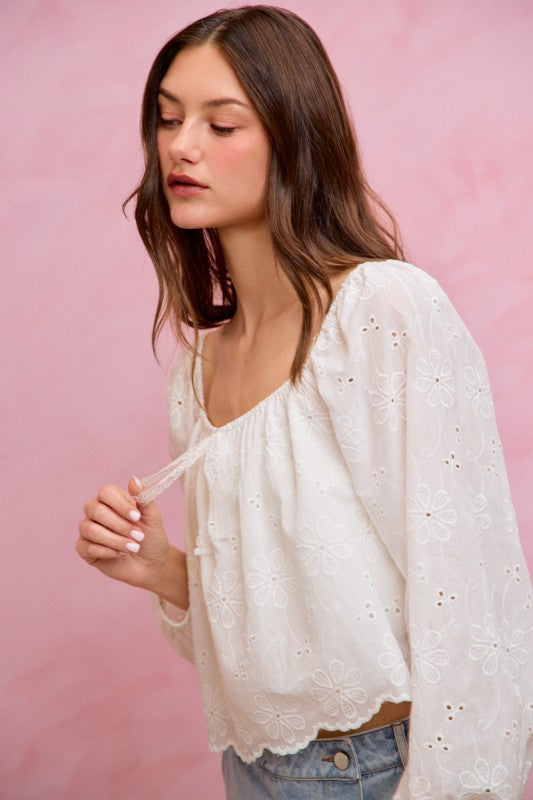 SO ME Women's Top Cotton Gauze Eyelet Scallop Edge Blouse Top