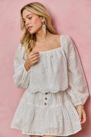 SO ME Women's Top Cotton Gauze Eyelet Scallop Edge Blouse Top