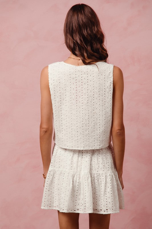 SO ME Women's Top Floral Eyelet Lace Tie Front Vest Top and Tiered Mini Skirt Set