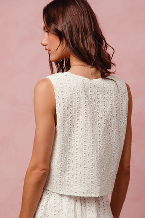 SO ME Women's Top Floral Eyelet Lace Tie Front Vest Top and Tiered Mini Skirt Set