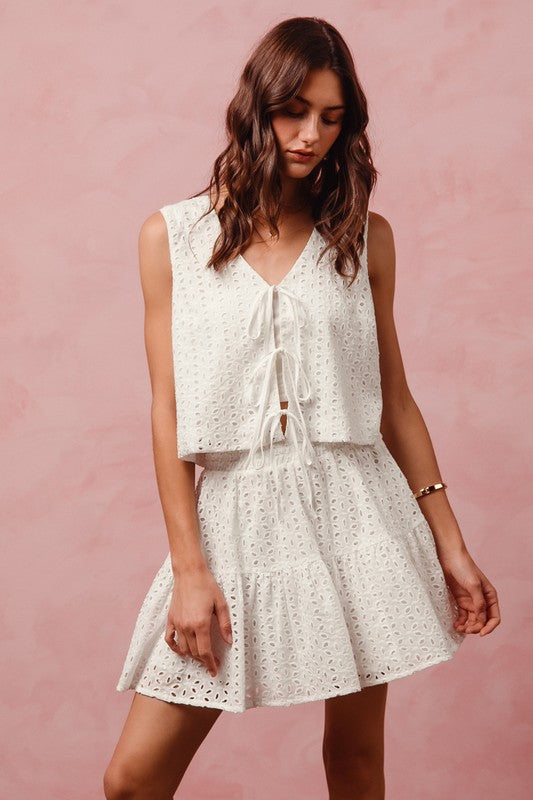SO ME Women's Top Floral Eyelet Lace Tie Front Vest Top and Tiered Mini Skirt Set