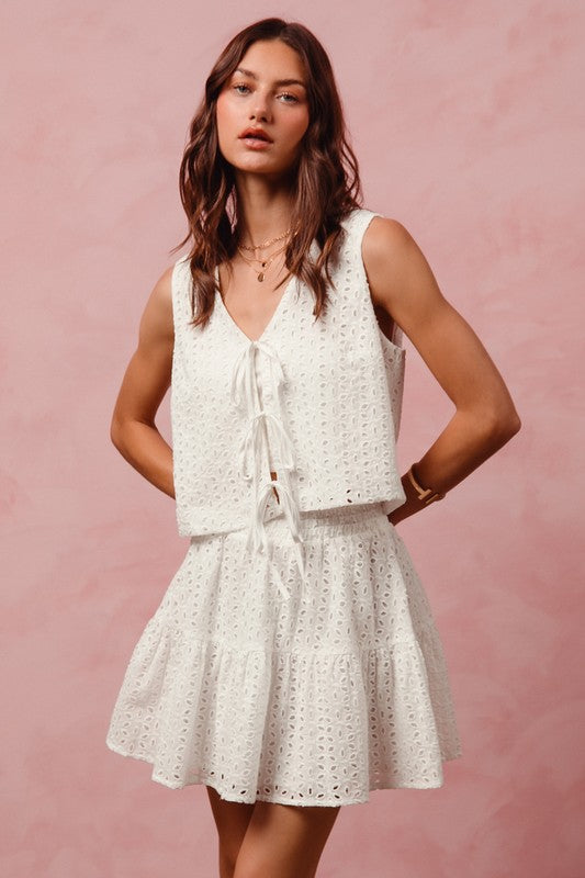 SO ME Women's Top Floral Eyelet Lace Tie Front Vest Top and Tiered Mini Skirt Set
