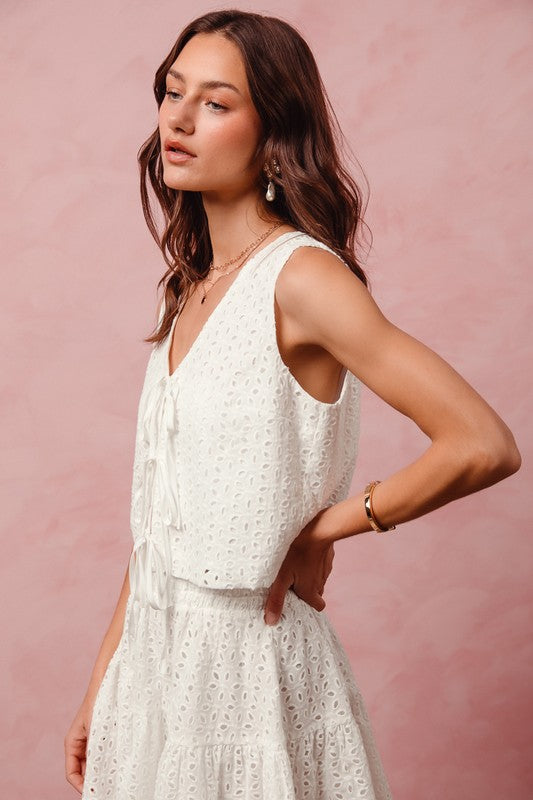 SO ME Women's Top Floral Eyelet Lace Tie Front Vest Top and Tiered Mini Skirt Set