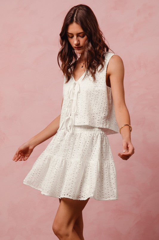 SO ME Women's Top Floral Eyelet Lace Tie Front Vest Top and Tiered Mini Skirt Set