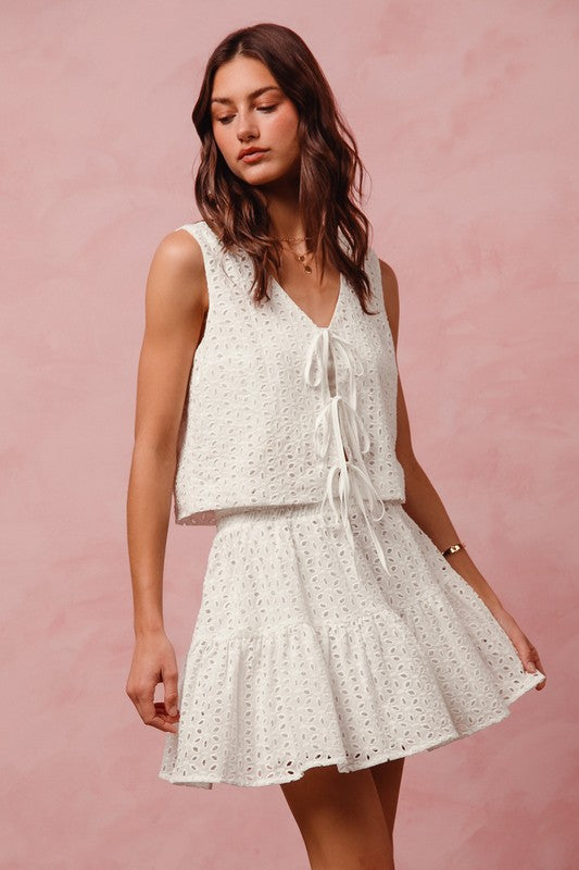 SO ME Women's Top Floral Eyelet Lace Tie Front Vest Top and Tiered Mini Skirt Set