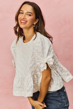 SO ME Women's Top Floral Jacquard Short Sleeves Peplum Top with Ribbon Detail