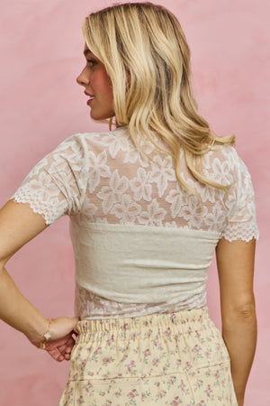 SO ME Women's Top Sheer Floral Lace Short Sleeves Layering Knit Top