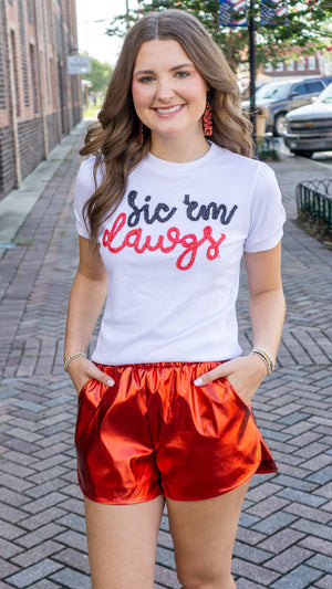 STEWART SIMMONS Women's Top The Sic 'Em Dawgs Glitter Script Shirt || David's Clothing