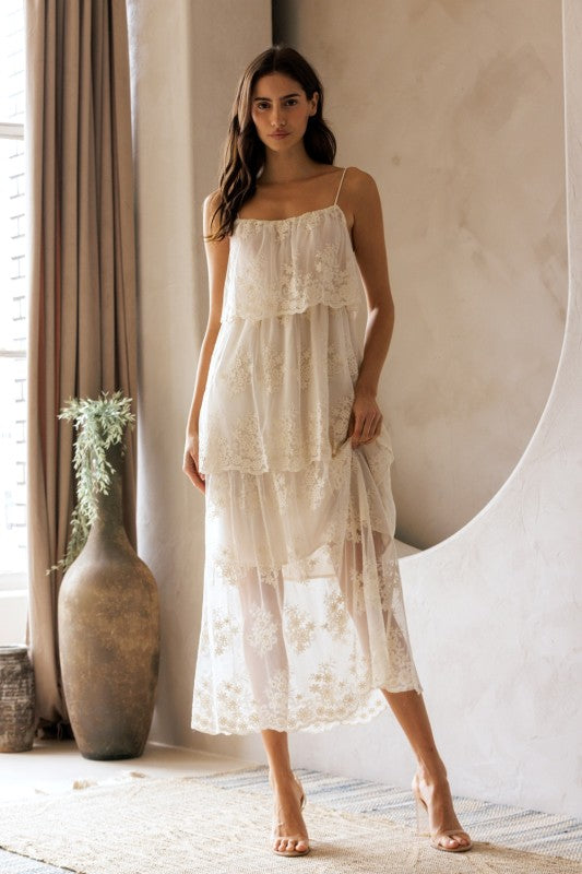 STORIA Women's Dresses Floral Tiered Lace Midi Dress