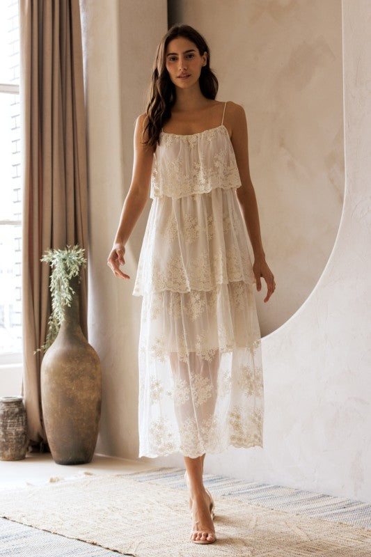 STORIA Women's Dresses Floral Tiered Lace Midi Dress