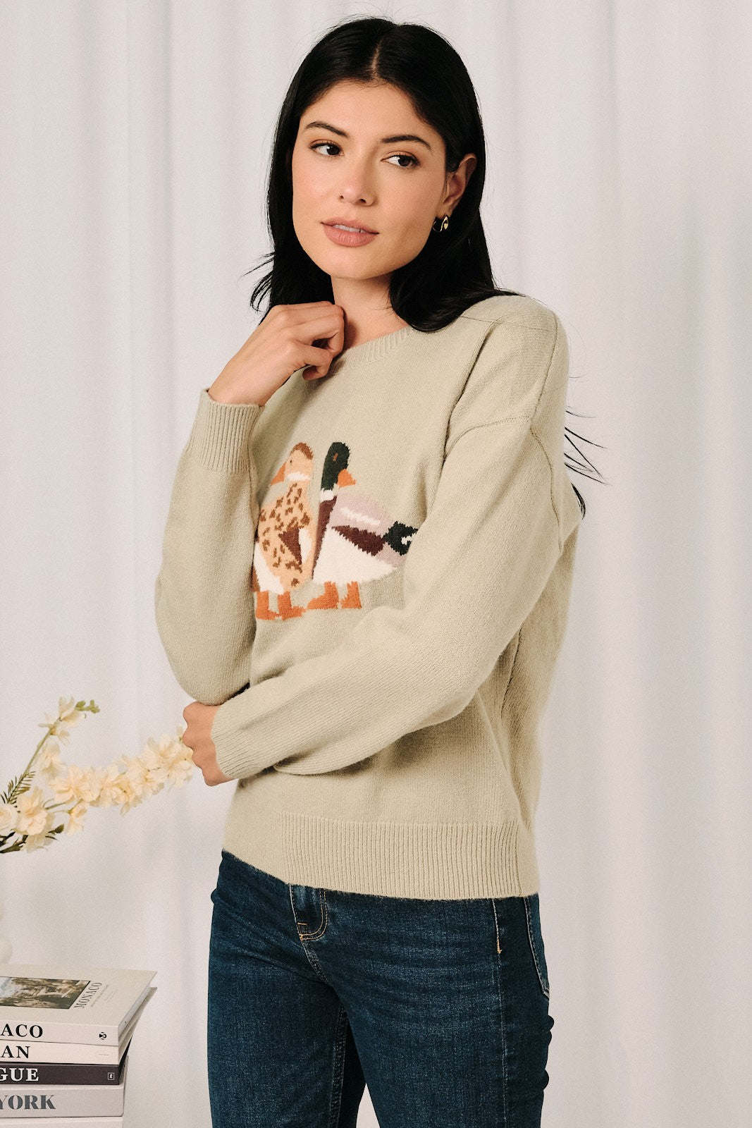 SUNDAY EDITION Women's Sweaters Round Neck Mallard Duck Graphic Long Sleeve Knit Sweater