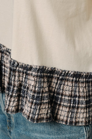 SUNDAY EDITION Women's Top Crew Neck Short Sleeve Contrast Plaid Peplum Boxy Top