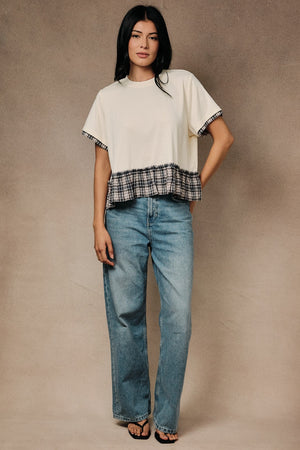 SUNDAY EDITION Women's Top Crew Neck Short Sleeve Contrast Plaid Peplum Boxy Top