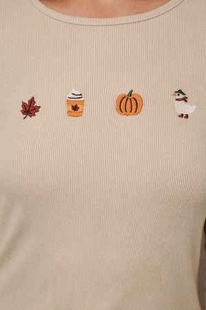 SUNDAY EDITION Women's Top Round Neck Fall Icons Embroidered Ribbed Long Sleeve Top