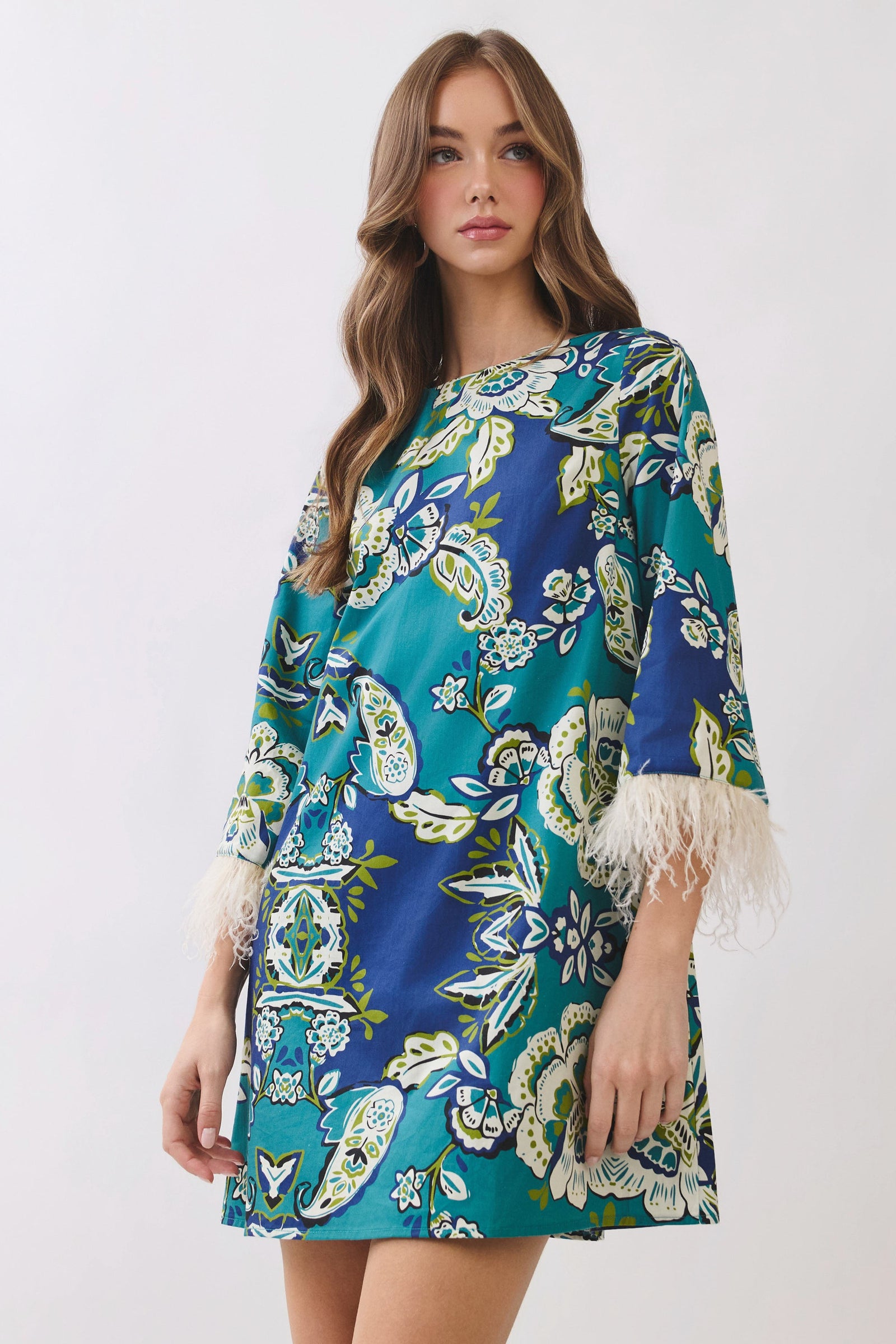 TCEC Women's Dresses Floral Print Feather Trim Detail Mini Dress